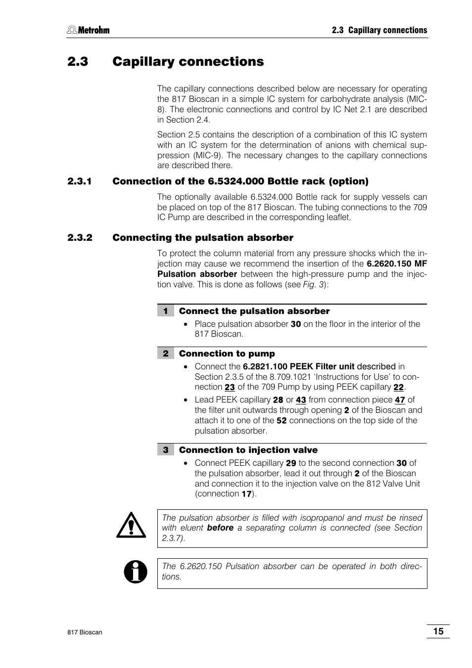 3 capillary connections, 2 connecting the pulsation absorber | Metrohm 817 Bioscan User Manual | Page 23 / 85