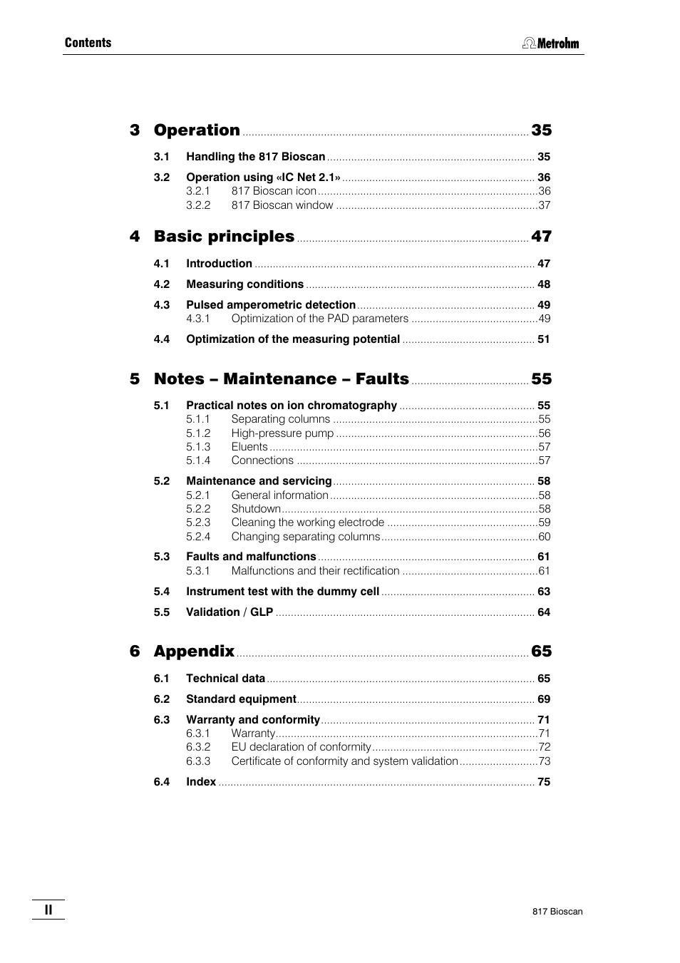 3 operation, 4 basic principles, 6 appendix | Metrohm 817 Bioscan User Manual | Page 6 / 85