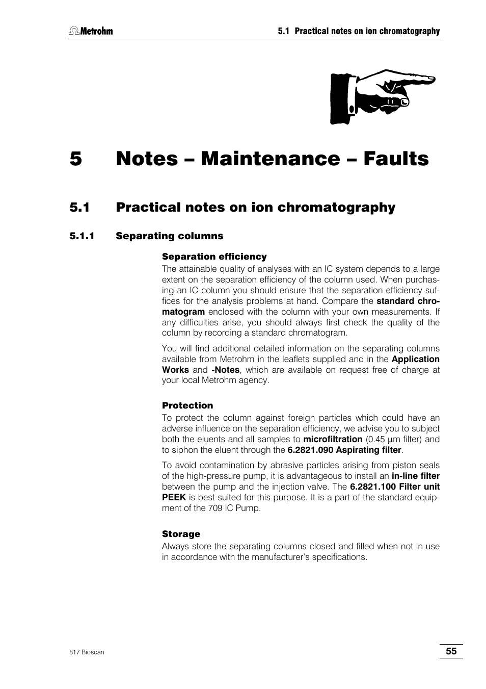 5 notes – maintenance – faults, 1 practical notes on ion chromatography, 1 separating columns | Metrohm 817 Bioscan User Manual | Page 63 / 85