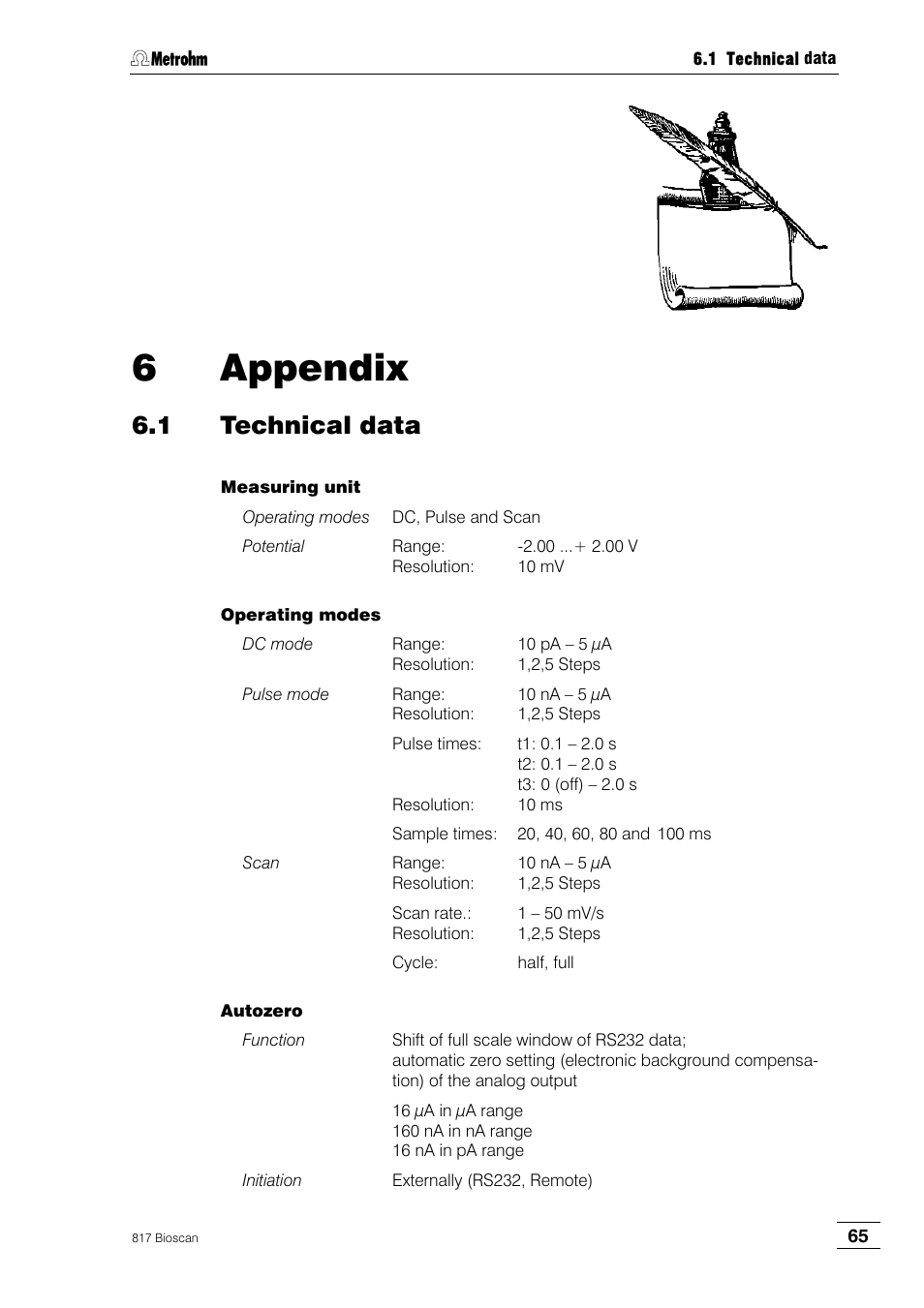 6 appendix, 1 technical data | Metrohm 817 Bioscan User Manual | Page 73 / 85