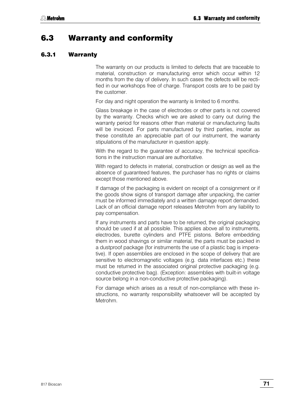 3 warranty and conformity, 1 warranty | Metrohm 817 Bioscan User Manual | Page 79 / 85