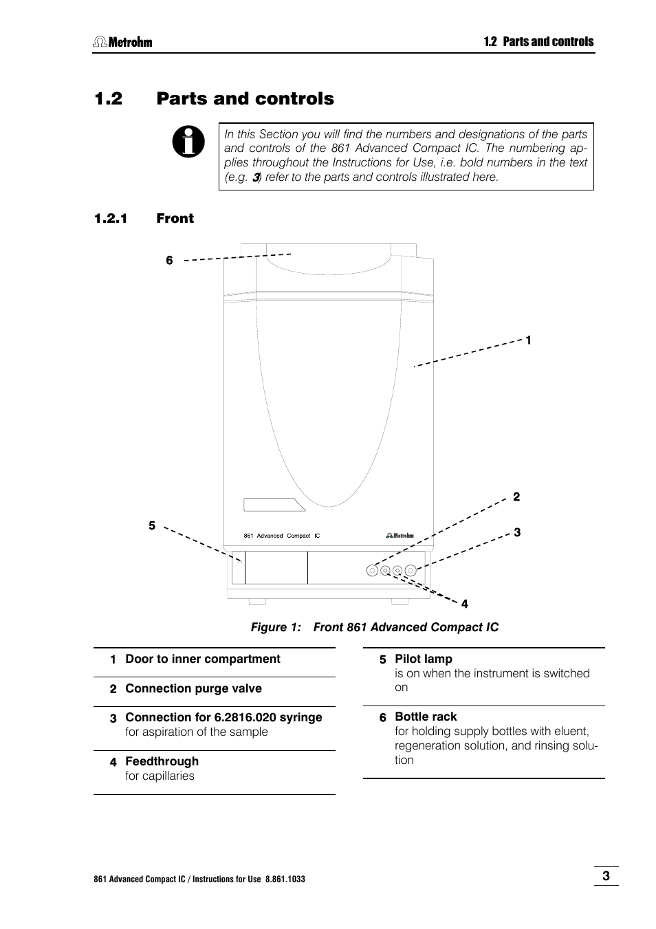 2 parts and controls, 1 front, Parts and controls | Front, Figure 1, Front 861 advanced compact ic | Metrohm 861 Advanced Compact IC User Manual | Page 13 / 119