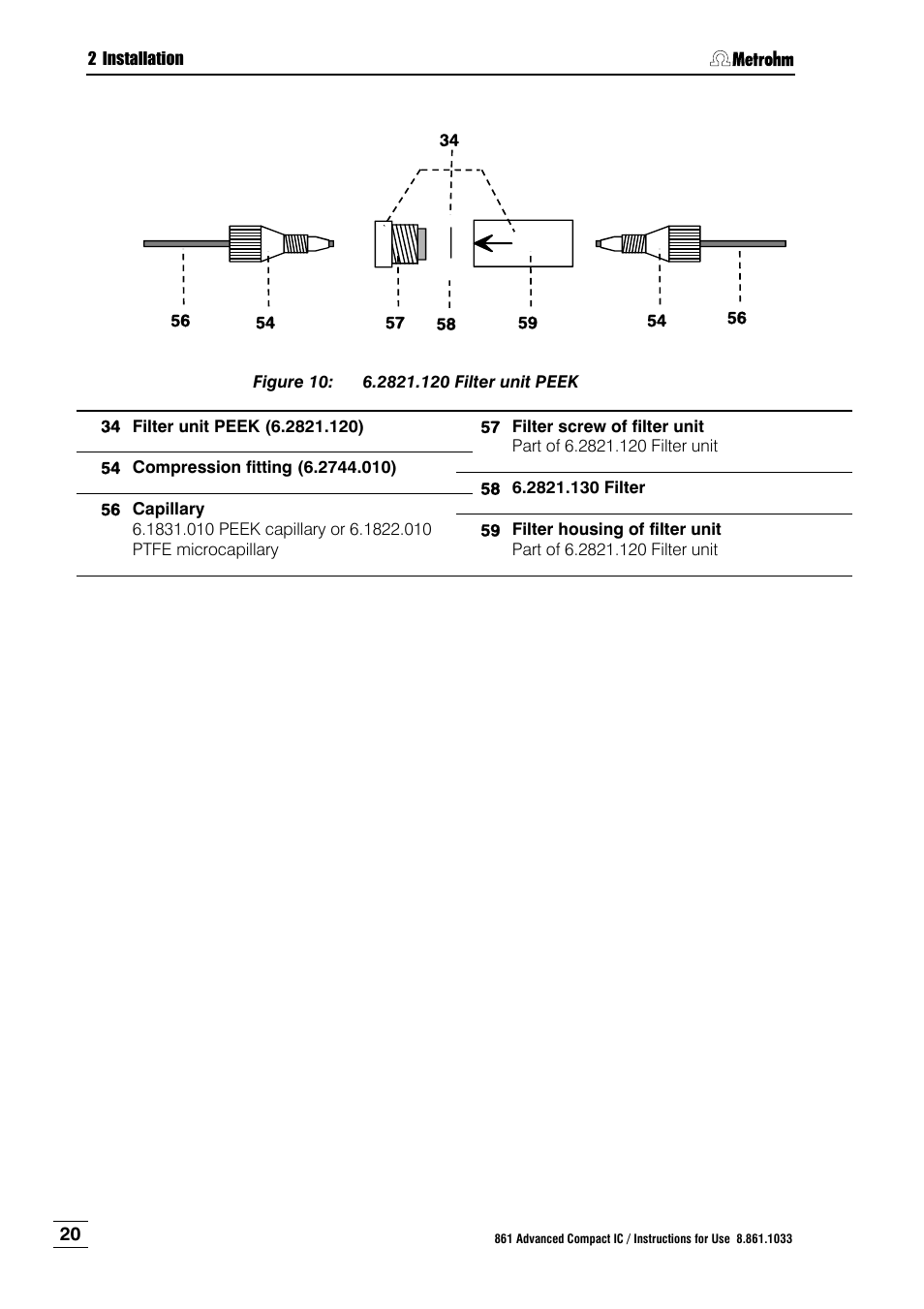 Figure 10, 2821.120 filter unit peek, Figure 10 ) is installed between | E filter-housing 59, the filter-screw, 57 and the 6.28, 58 are available as an option with the orde | Metrohm 861 Advanced Compact IC User Manual | Page 30 / 119