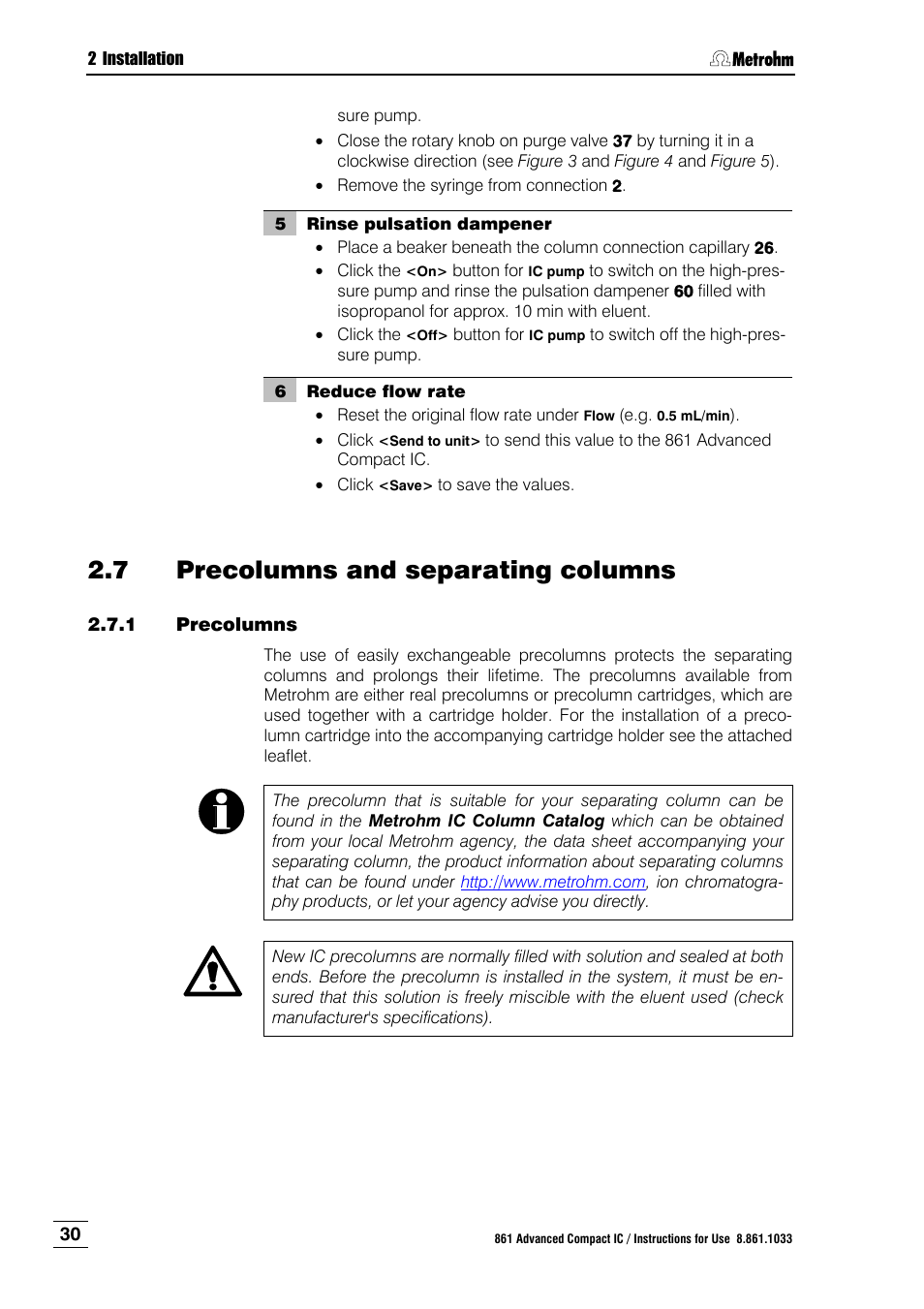7 precolumns and separating columns, 1 precolumns, Precolumns and separating columns | Precolumns | Metrohm 861 Advanced Compact IC User Manual | Page 40 / 119