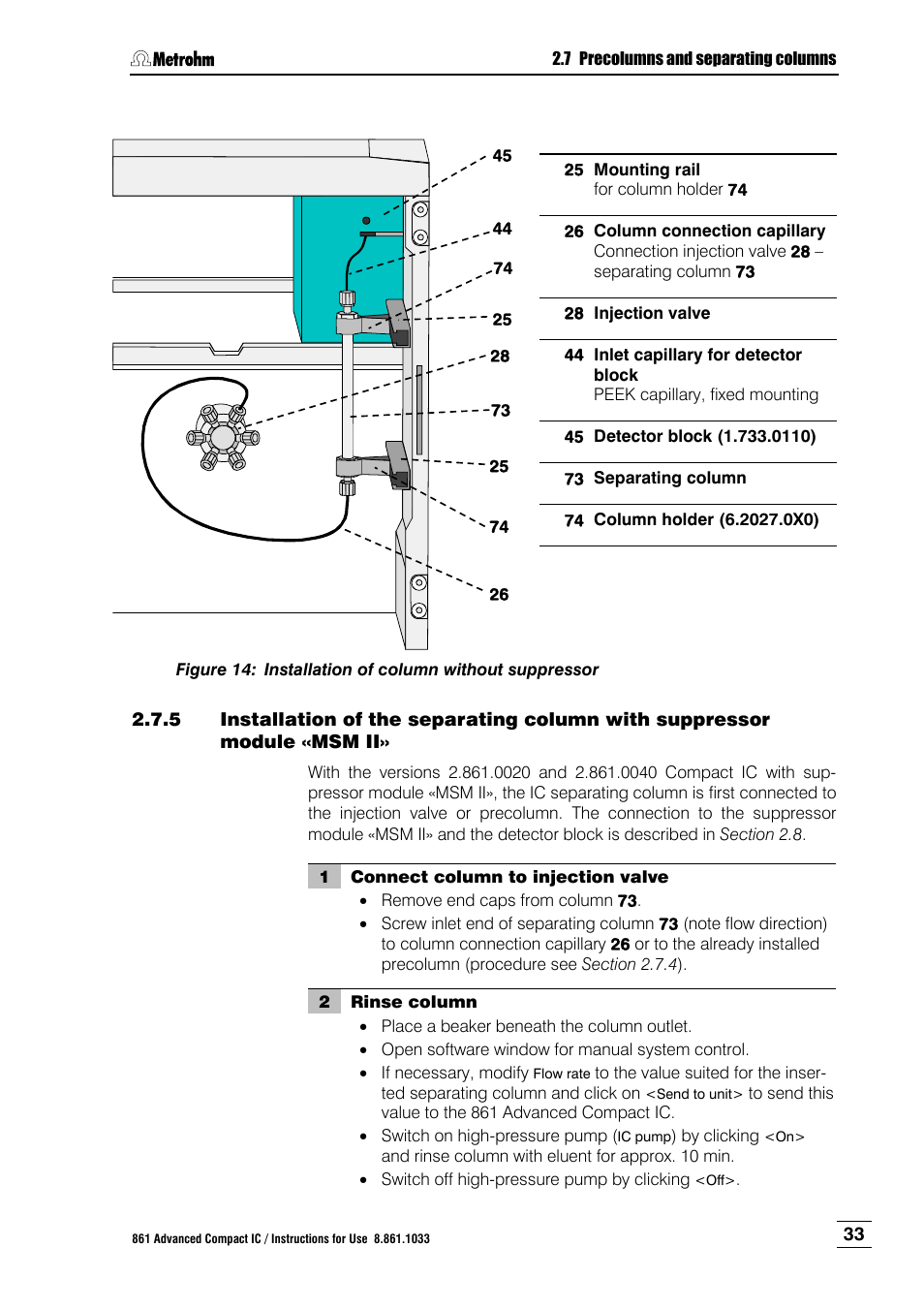 Figure 14, Installation of column without suppressor, Led as follows | Figure 14 ), Column 73, 73 (note, 73 to the i, Insert one or two column holders 74 (6.20, Column 73 i | Metrohm 861 Advanced Compact IC User Manual | Page 43 / 119