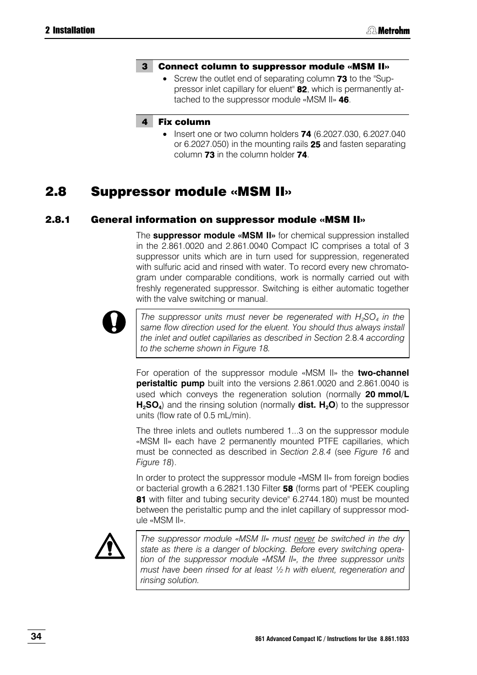 8 suppressor module «msm ii, 1 general information on suppressor module «msm ii, Suppressor module «msm ii | General information on suppressor module «msm ii, N 2.8 | Metrohm 861 Advanced Compact IC User Manual | Page 44 / 119