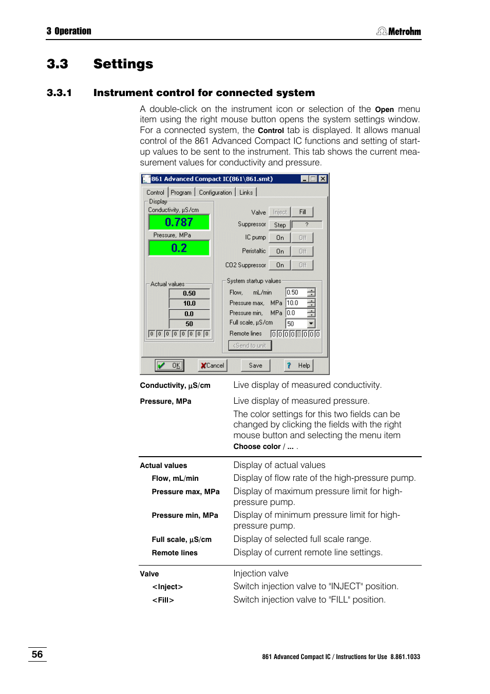 3 settings, 1 instrument control for connected system, Settings | Instrument control for connected system | Metrohm 861 Advanced Compact IC User Manual | Page 66 / 119