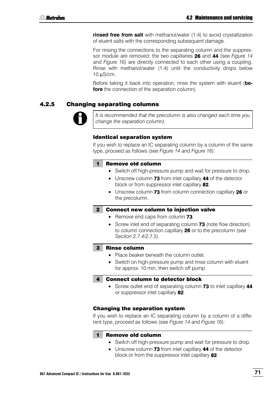 5 changing separating columns, Changing separating columns | Metrohm 861 Advanced Compact IC User Manual | Page 81 / 119