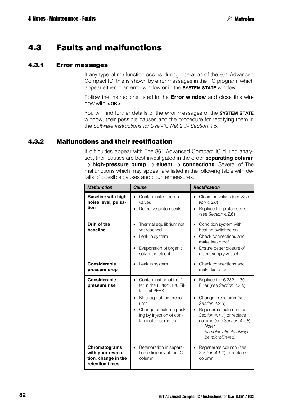 3 faults and malfunctions, 1 error messages, 2 malfunctions and their rectification | Faults and malfunctions, Error messages, Malfunctions and their rectification | Metrohm 861 Advanced Compact IC User Manual | Page 92 / 119