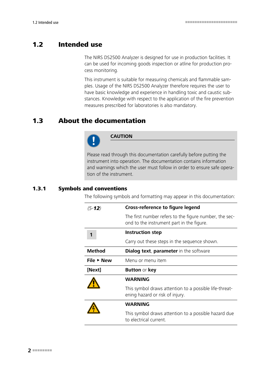 2 intended use, 3 about the documentation, 1 symbols and conventions | Intended use, About the documentation, Symbols and conventions | Metrohm NIRS DS2500 Analyzer User Manual | Page 10 / 48