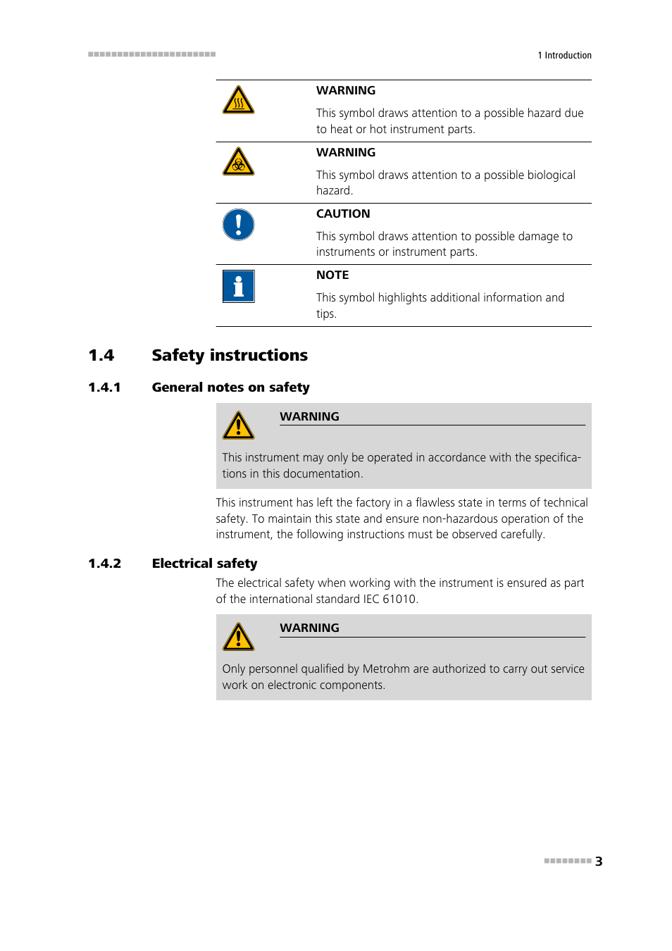 4 safety instructions, 1 general notes on safety, 2 electrical safety | Safety instructions, General notes on safety, Electrical safety | Metrohm NIRS DS2500 Analyzer User Manual | Page 11 / 48
