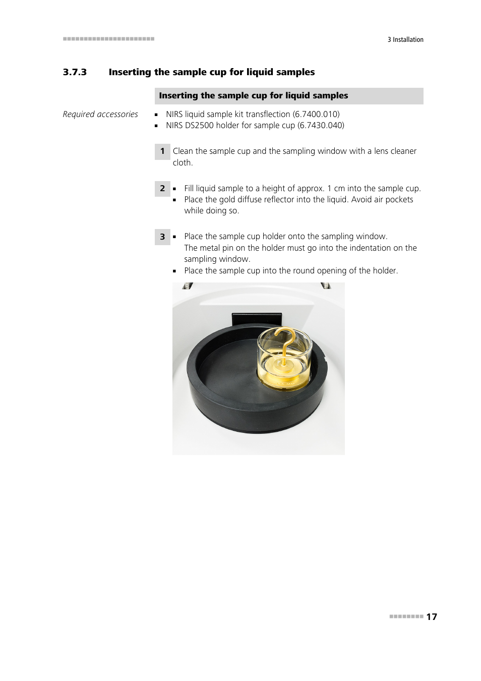 3 inserting the sample cup for liquid samples, Inserting the sample cup for liquid samples | Metrohm NIRS DS2500 Analyzer User Manual | Page 25 / 48