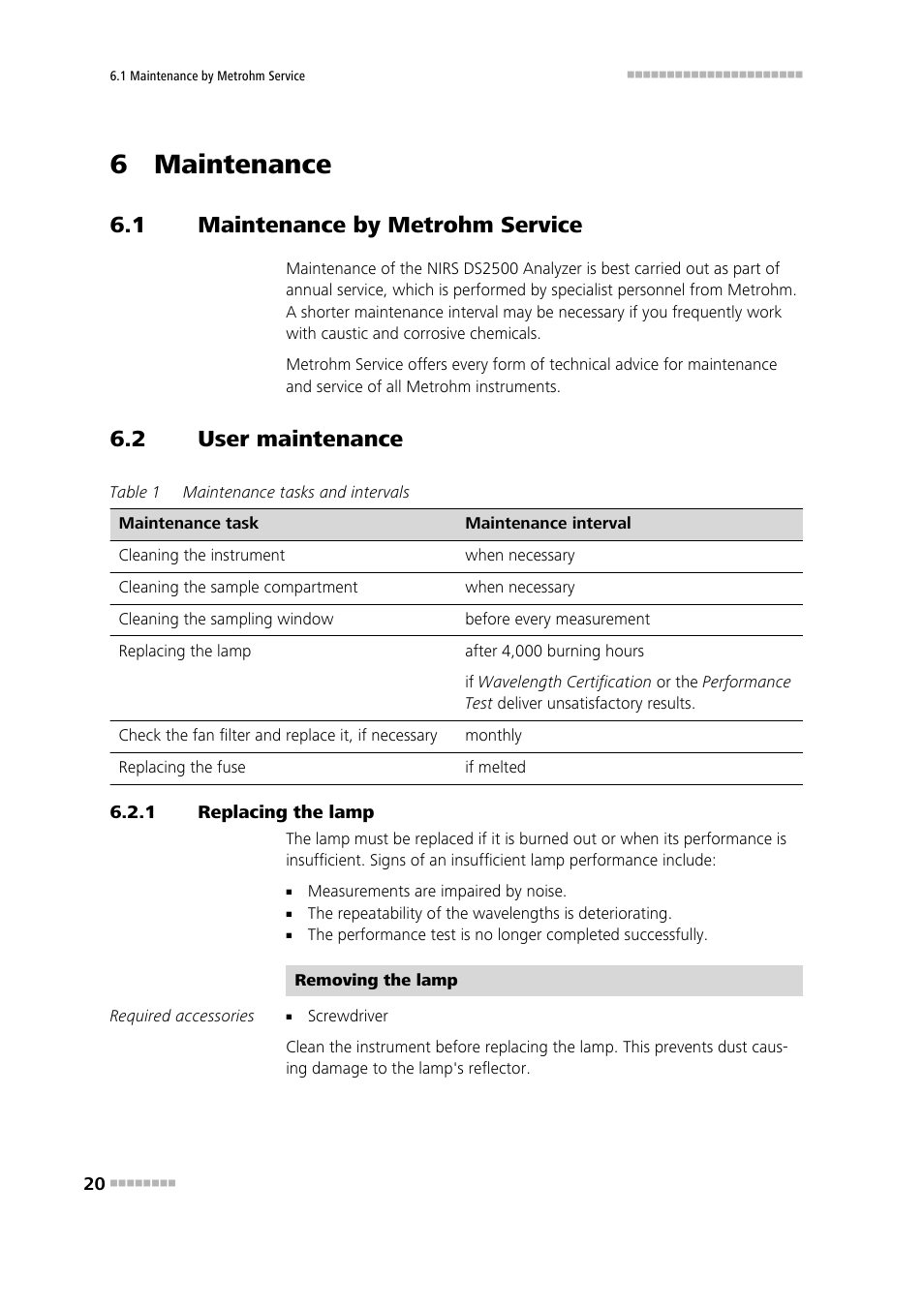 6 maintenance, 1 maintenance by metrohm service, 2 user maintenance | 1 replacing the lamp, Maintenance by metrohm service, User maintenance, Replacing the lamp | Metrohm NIRS DS2500 Analyzer User Manual | Page 28 / 48
