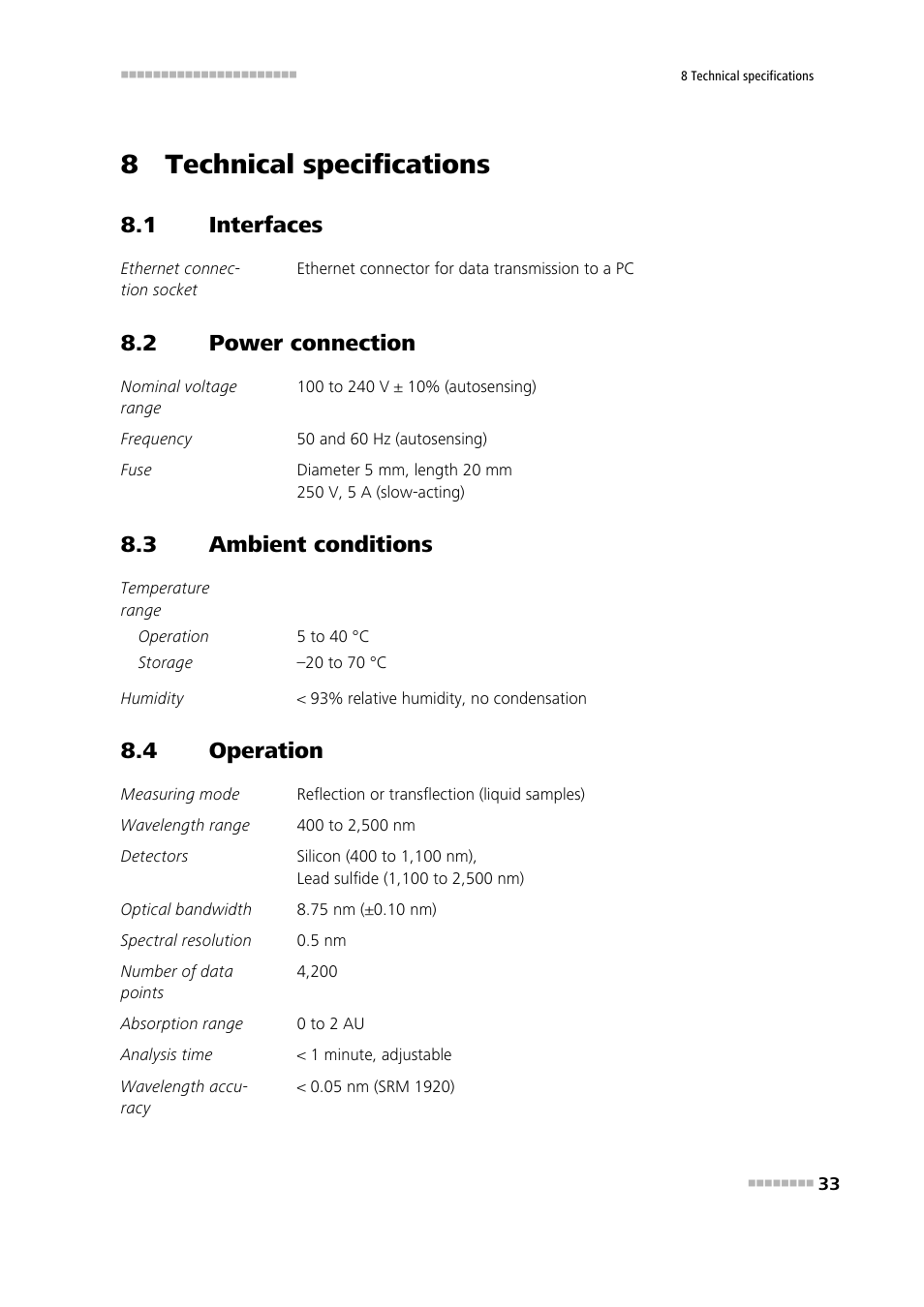 8 technical specifications, 1 interfaces, 2 power connection | 3 ambient conditions, 4 operation, Interfaces, Power connection, Ambient conditions, Operation | Metrohm NIRS DS2500 Analyzer User Manual | Page 41 / 48