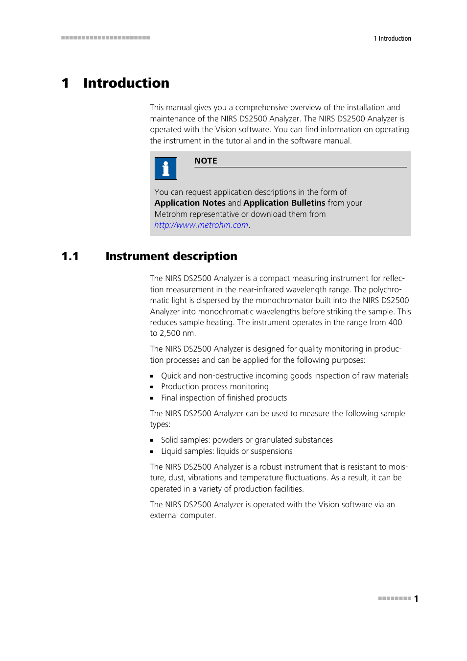 1 introduction, 1 instrument description, Instrument description | Metrohm NIRS DS2500 Analyzer User Manual | Page 9 / 48