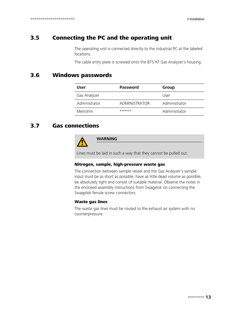 5 connecting the pc and the operating unit, 6 windows passwords, 7 gas connections | Connecting the pc and the operating unit, Windows passwords, Gas connections | Metrohm 875 KF Gas Analyzer User Manual | Page 21 / 55