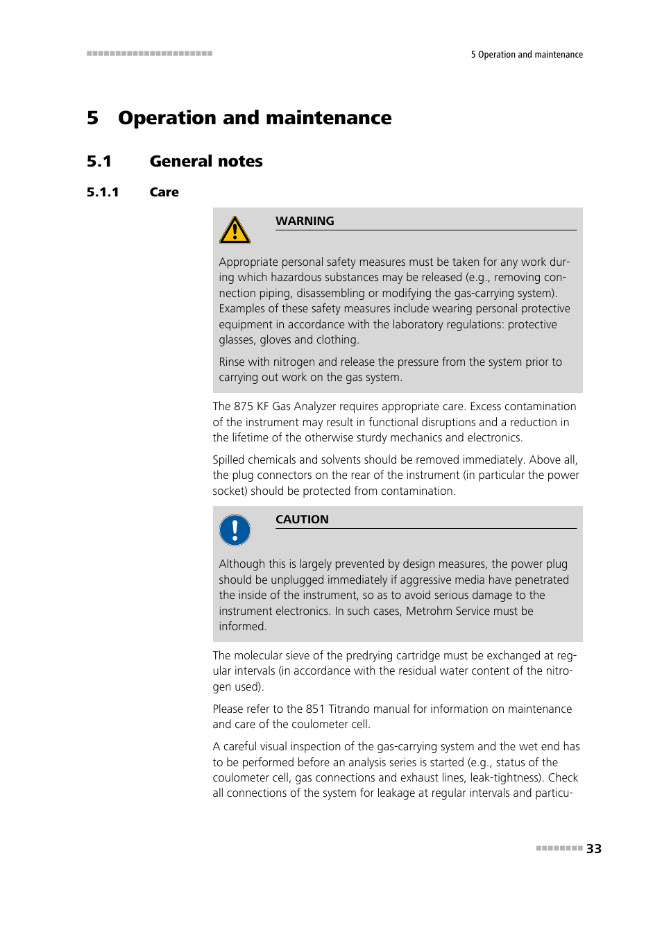 5 operation and maintenance, 1 general notes, 1 care | General notes, Care | Metrohm 875 KF Gas Analyzer User Manual | Page 41 / 55