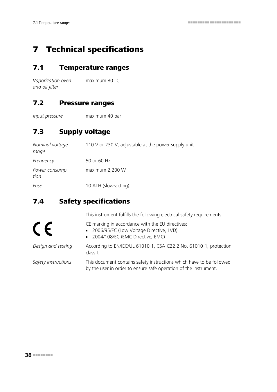7 technical specifications, 1 temperature ranges, 2 pressure ranges | 3 supply voltage, 4 safety specifications, Temperature ranges, Pressure ranges, Supply voltage, Safety specifications | Metrohm 875 KF Gas Analyzer User Manual | Page 46 / 55