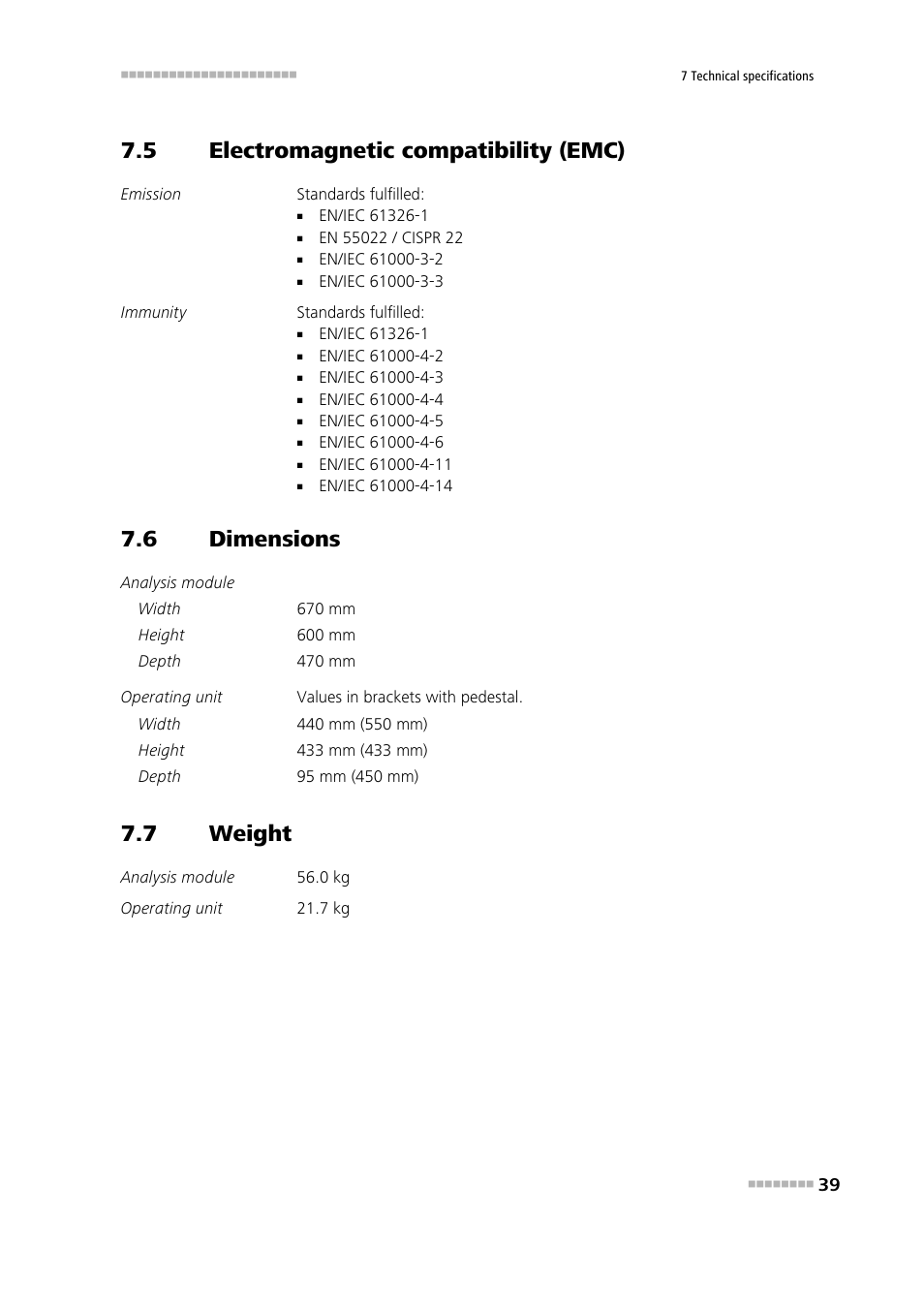 5 electromagnetic compatibility (emc), 6 dimensions, 7 weight | Electromagnetic compatibility (emc), Dimensions, Weight | Metrohm 875 KF Gas Analyzer User Manual | Page 47 / 55