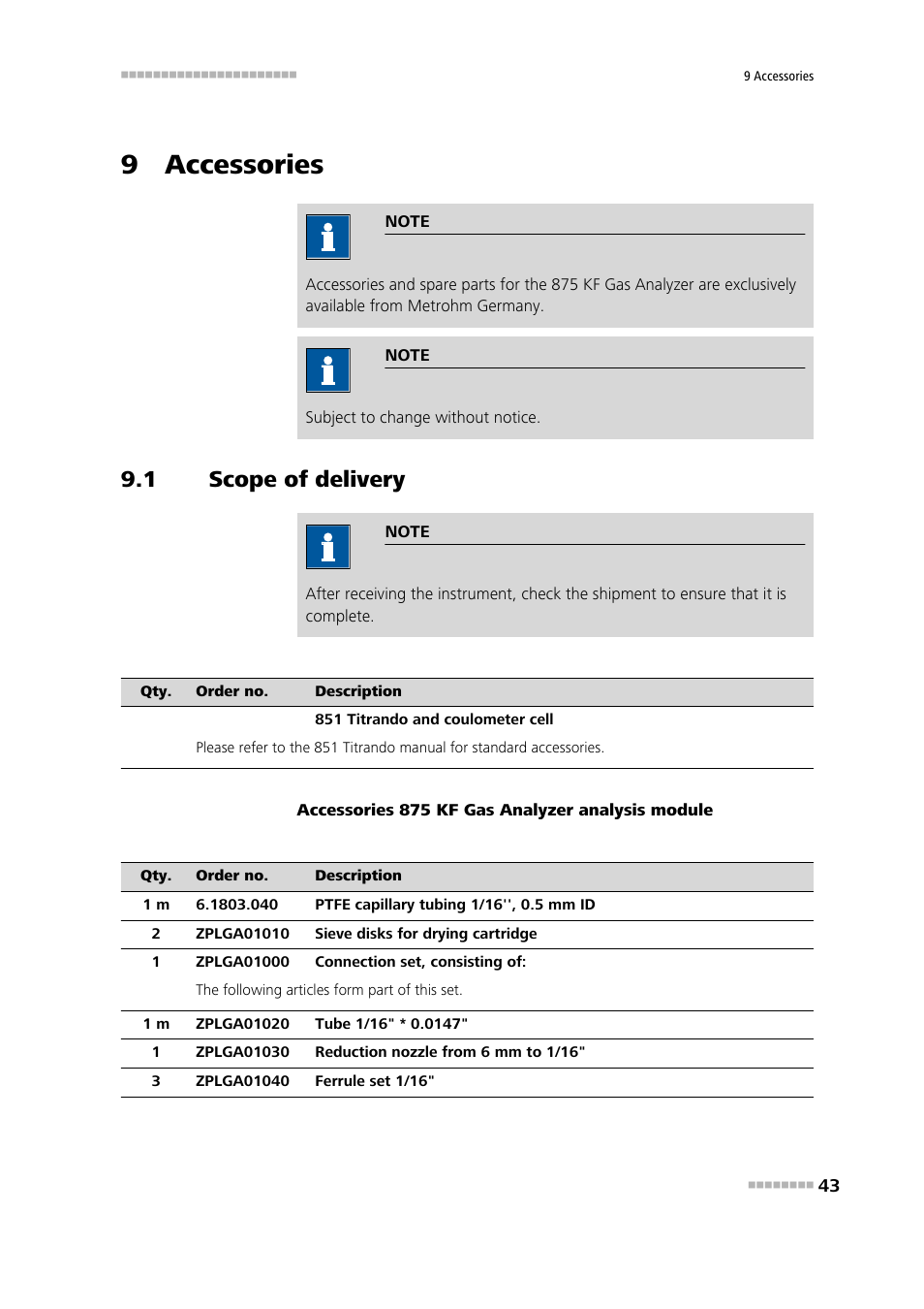 9 accessories, 1 scope of delivery, Scope of delivery | Metrohm 875 KF Gas Analyzer User Manual | Page 51 / 55