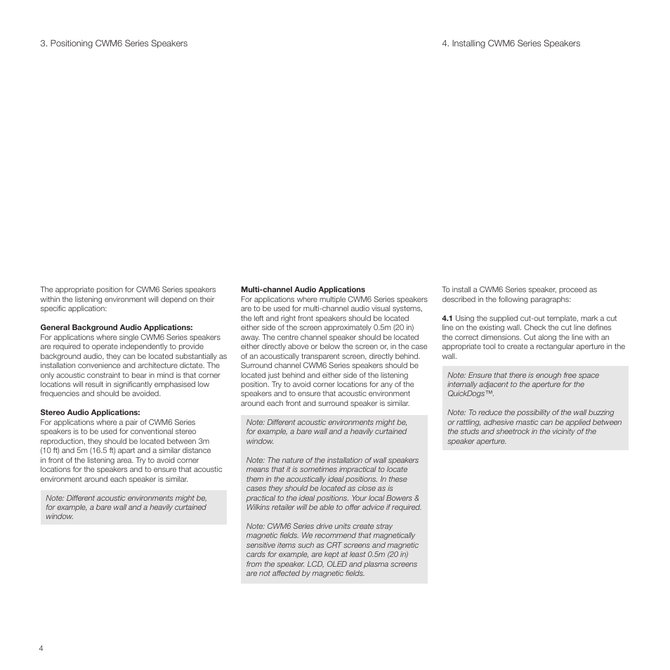 Positioning cwm6 series speakers, Installing cwm6 series speakers | Bowers & Wilkins CWM6 User Manual | Page 4 / 8