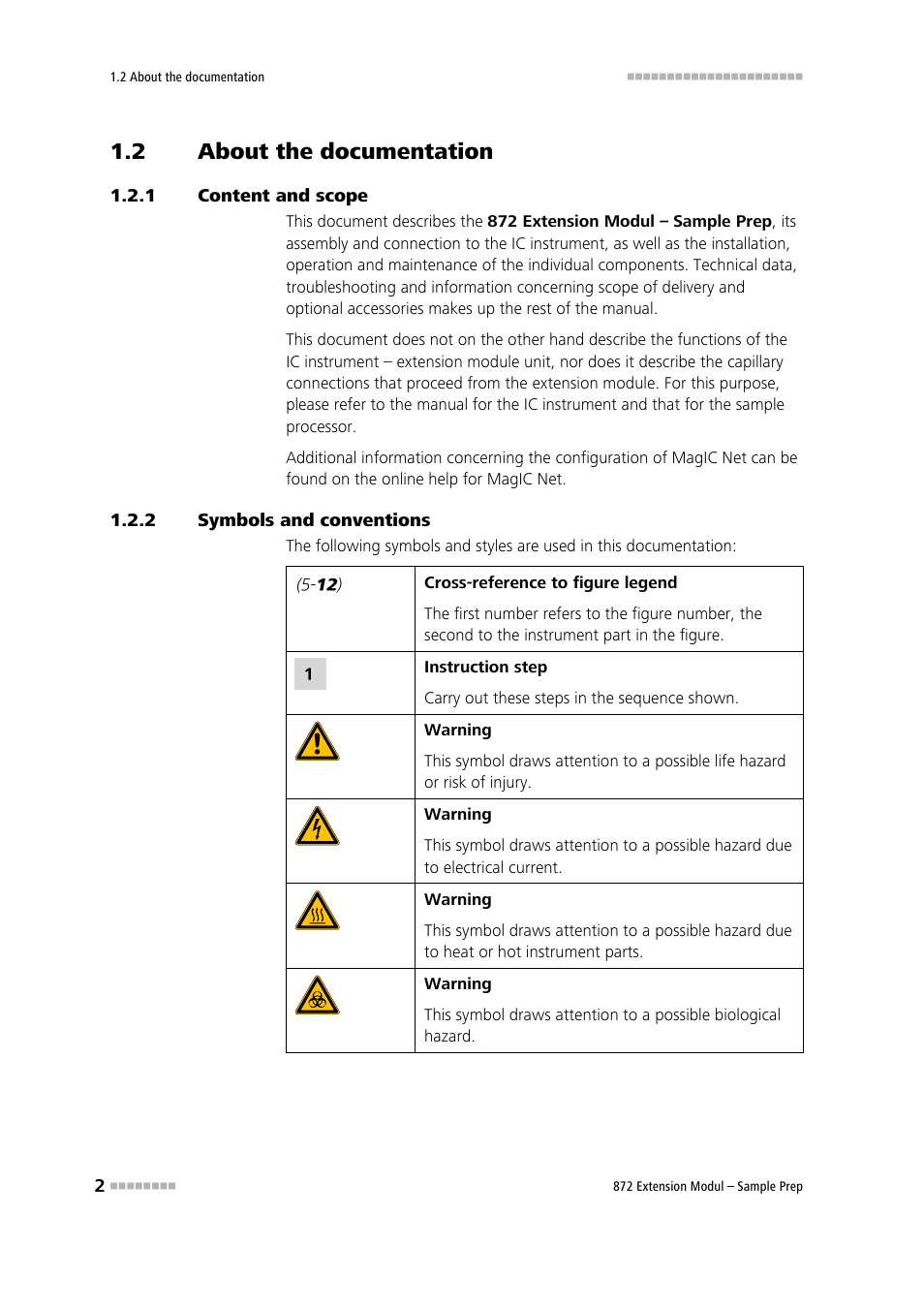 2 about the documentation, 1 content and scope, 2 symbols and conventions | About the documentation, Content and scope, Symbols and conventions | Metrohm 872 Extension Module Sample Prep User Manual | Page 10 / 44