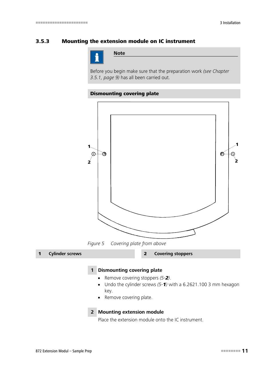 3 mounting the extension module on ic instrument, Mounting the extension module on ic instrument, Figure 5 | Covering plate from above | Metrohm 872 Extension Module Sample Prep User Manual | Page 19 / 44