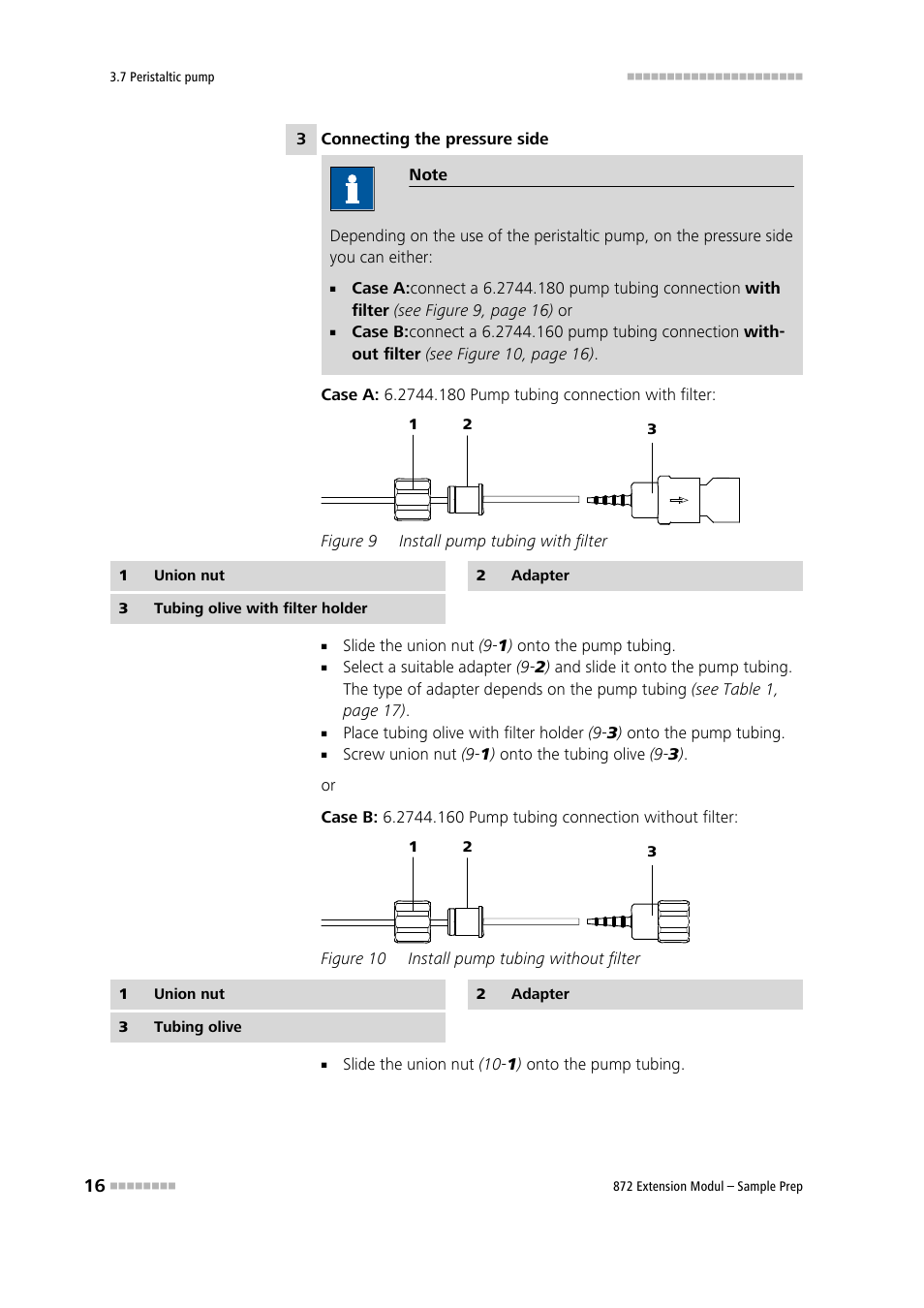 Figure 9, Install pump tubing with filter, Figure 10 | Install pump tubing without filter | Metrohm 872 Extension Module Sample Prep User Manual | Page 24 / 44