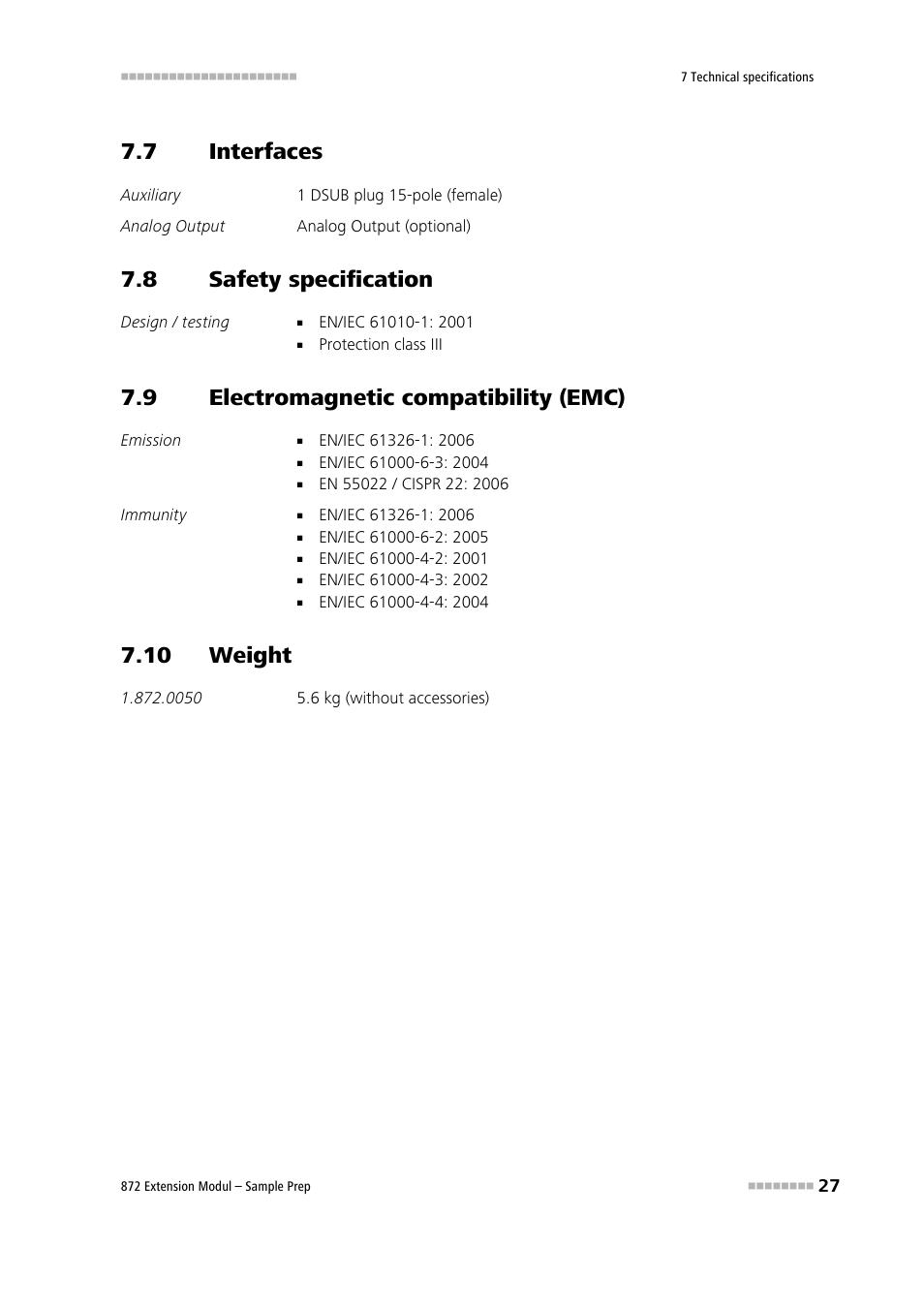 7 interfaces, 8 safety specification, 9 electromagnetic compatibility (emc) | 10 weight, Interfaces, Safety specification, Electromagnetic compatibility (emc) | Metrohm 872 Extension Module Sample Prep User Manual | Page 35 / 44