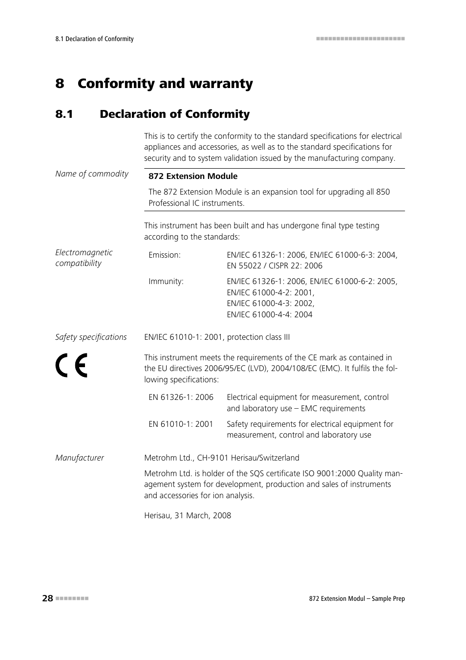 8 conformity and warranty, 1 declaration of conformity, Declaration of conformity | Metrohm 872 Extension Module Sample Prep User Manual | Page 36 / 44