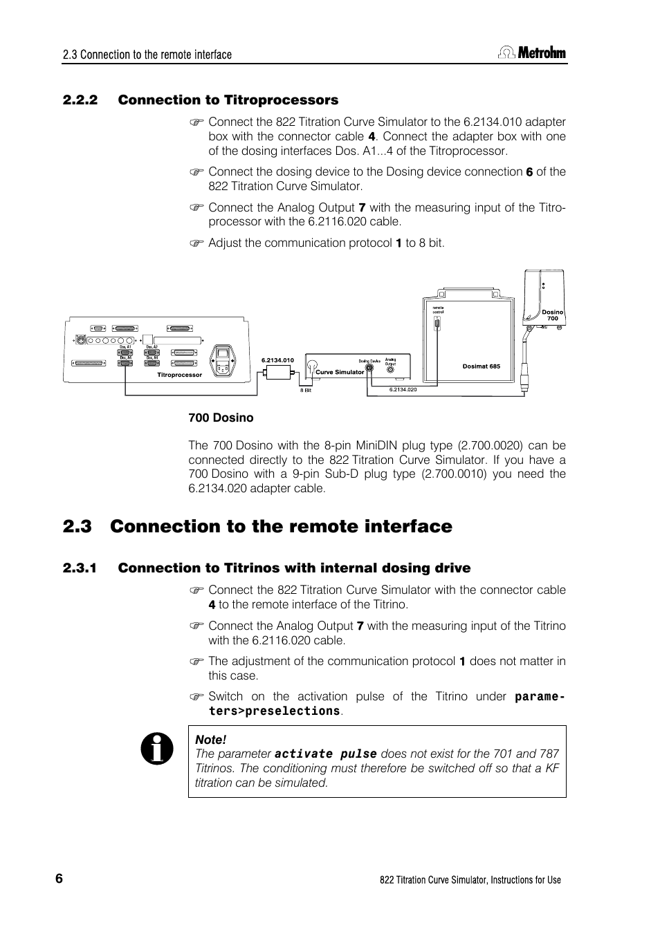 2 connection to titroprocessors, 3 connection to the remote interface, Connection to titroprocessors | Connection to the remote interface, Connection to titrinos with internal dosing drive | Metrohm 822 Titration Curve Simulator User Manual | Page 14 / 32