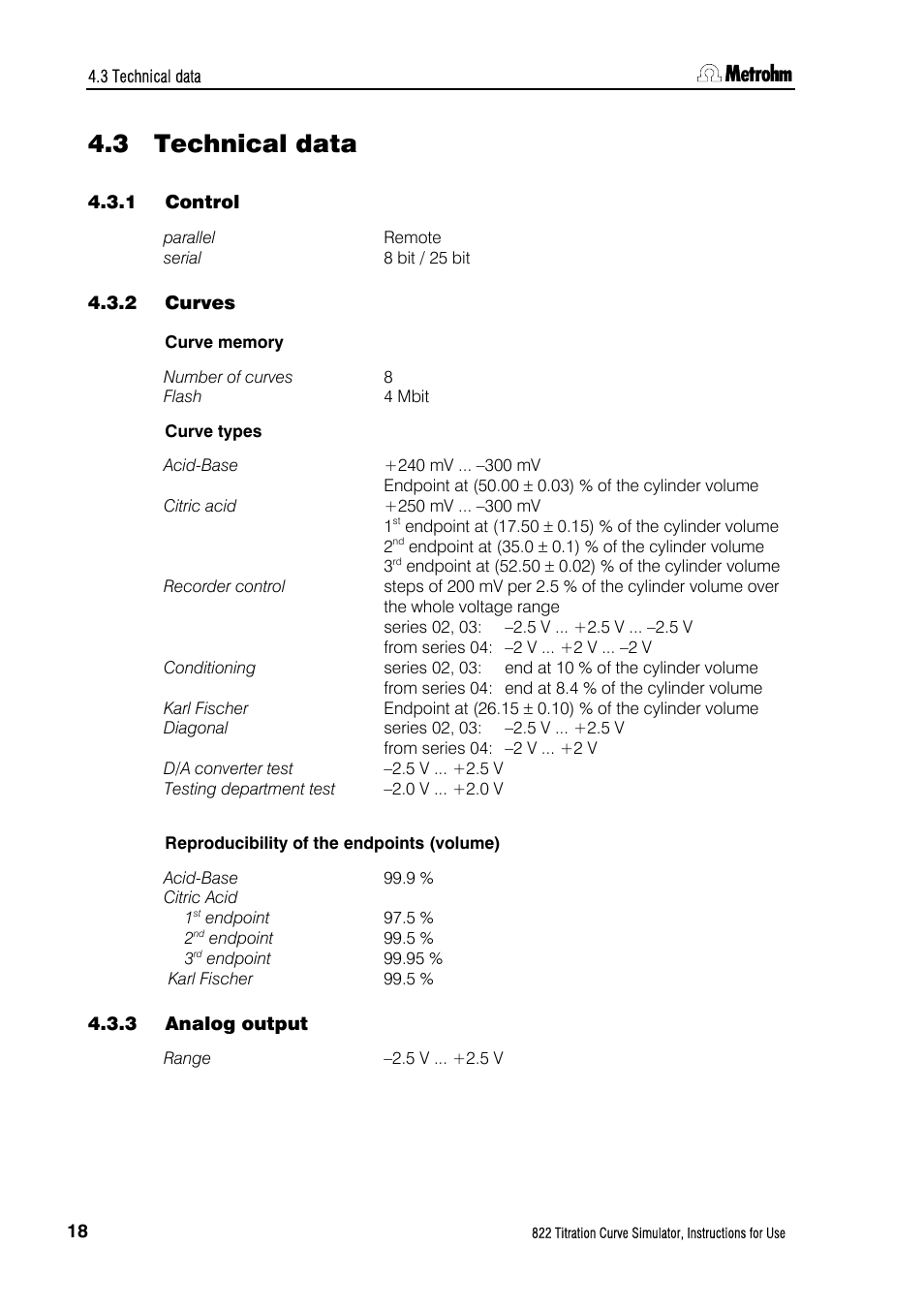 3 technical data, 1 control, 2 curves | 3 analog output, Technical data, Control, Curves, Analog output | Metrohm 822 Titration Curve Simulator User Manual | Page 26 / 32