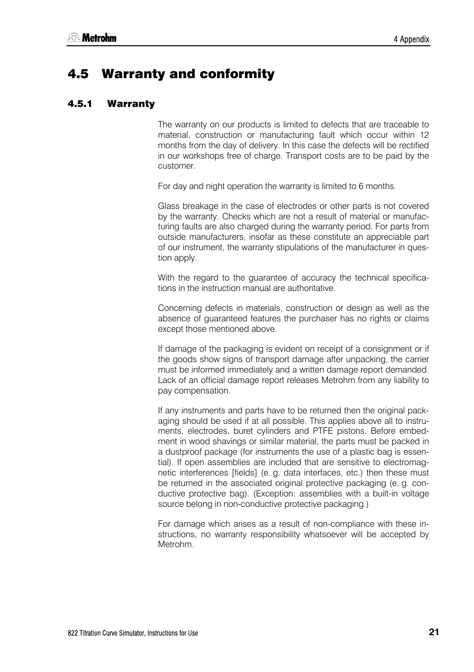 5 warranty and conformity, 1 warranty, Warranty and conformity | Warranty | Metrohm 822 Titration Curve Simulator User Manual | Page 29 / 32