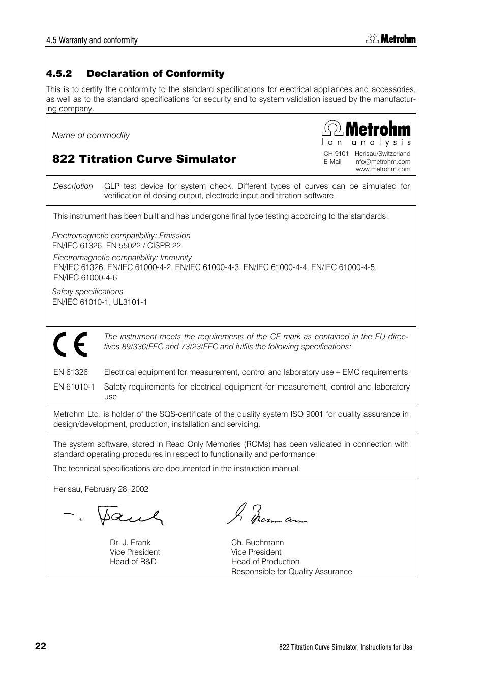 2 declaration of conformity, Declaration of conformity, 822 titration curve simulator | Metrohm 822 Titration Curve Simulator User Manual | Page 30 / 32