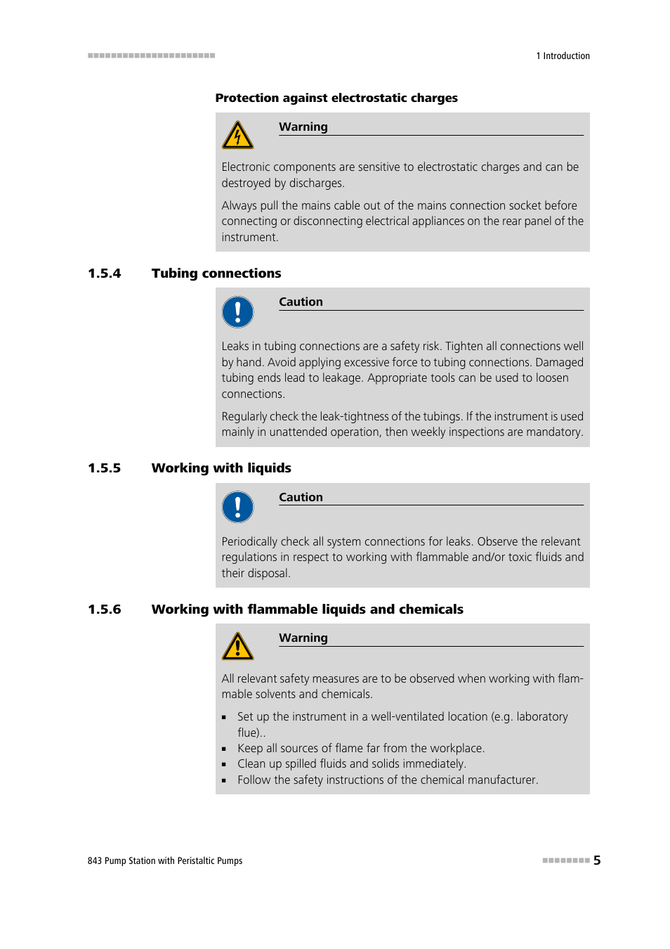 4 tubing connections, 5 working with liquids, 6 working with flammable liquids and chemicals | Tubing connections, Working with liquids, Working with flammable liquids and chemicals | Metrohm 843 Pump Station with peristaltic pump User Manual | Page 13 / 56