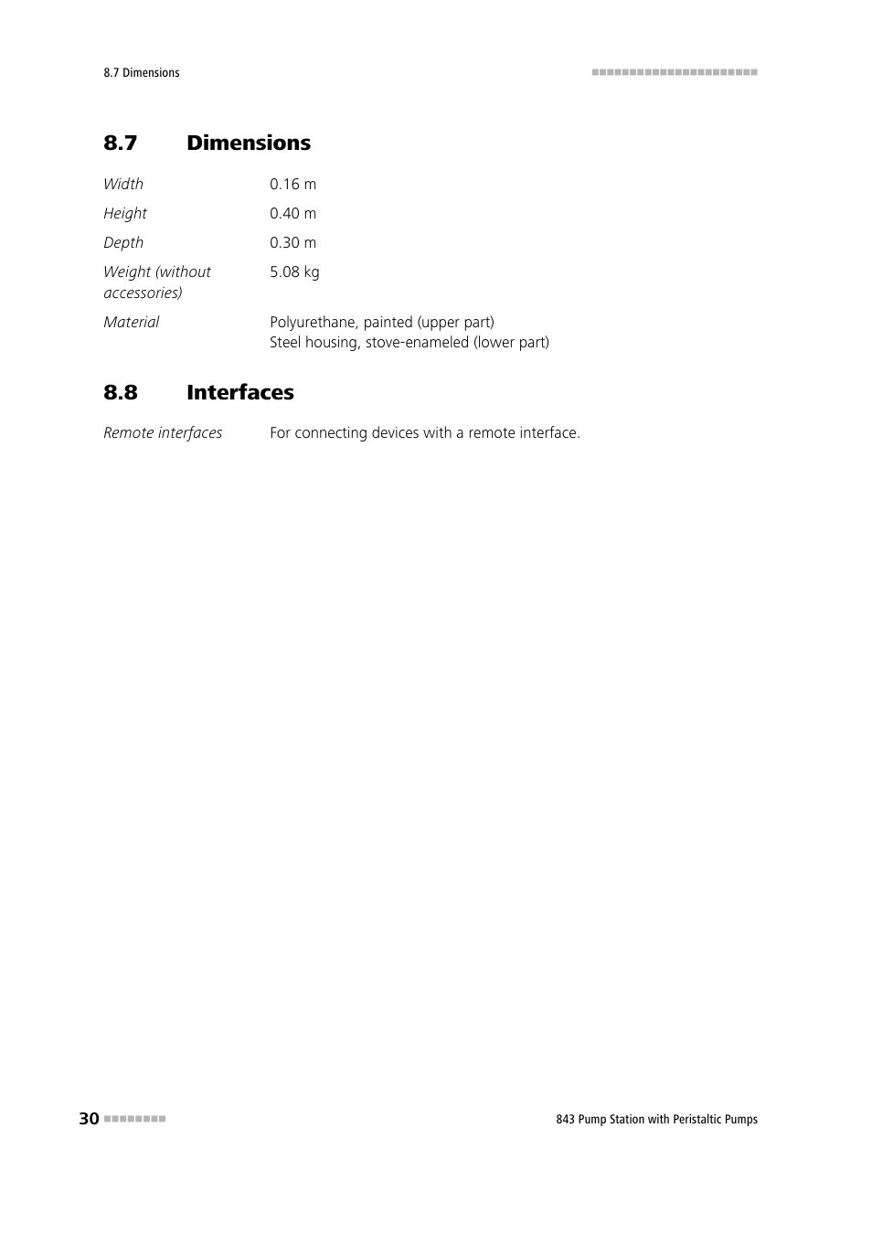 7 dimensions, 8 interfaces, Dimensions | Interfaces | Metrohm 843 Pump Station with peristaltic pump User Manual | Page 38 / 56
