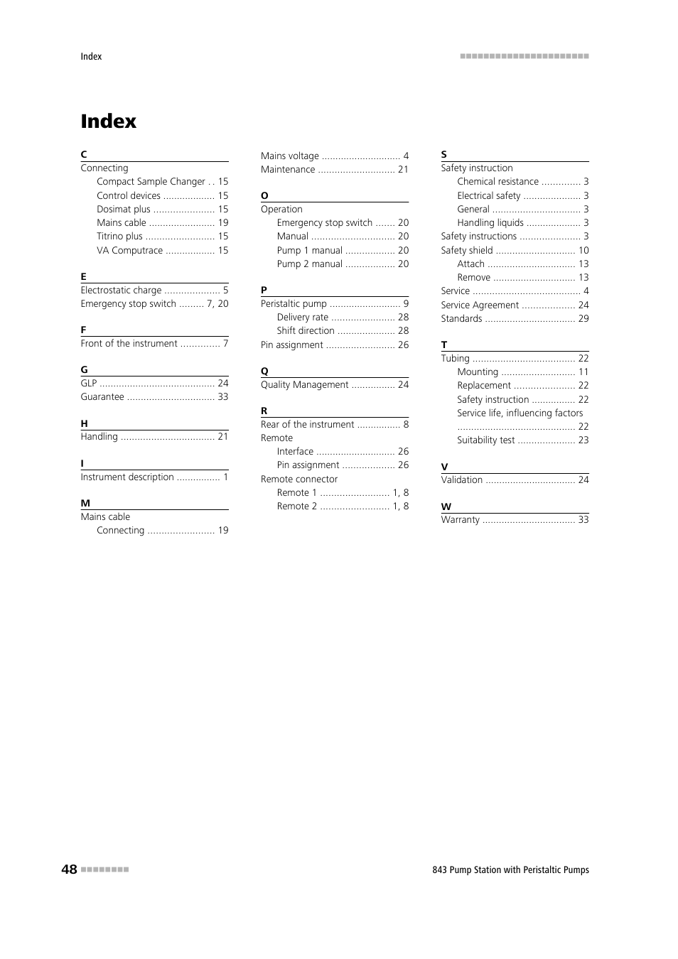 Index | Metrohm 843 Pump Station with peristaltic pump User Manual | Page 56 / 56