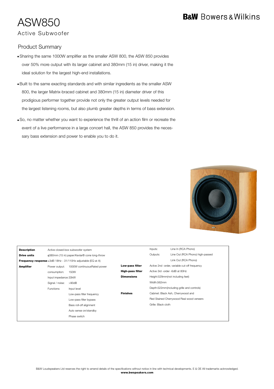 Bowers & Wilkins ASW850 User Manual | 1 page