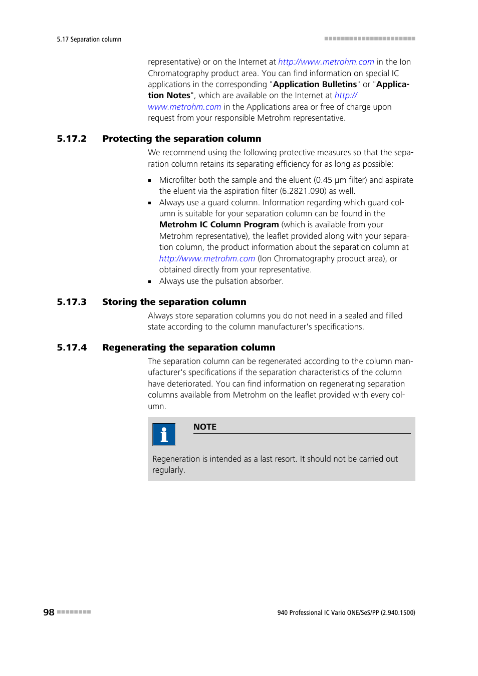 2 protecting the separation column, 3 storing the separation column, 4 regenerating the separation column | Protecting the separation column, Storing the separation column, Regenerating the separation column | Metrohm 940 Professional IC Vario ONE/SeS/PP User Manual | Page 108 / 126