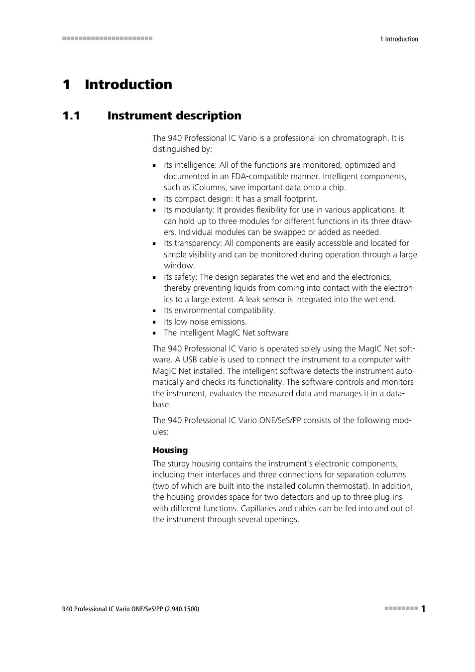 1 introduction, 1 instrument description, Instrument description | Metrohm 940 Professional IC Vario ONE/SeS/PP User Manual | Page 11 / 126