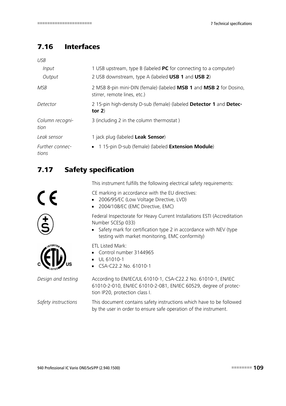 16 interfaces, 17 safety specification | Metrohm 940 Professional IC Vario ONE/SeS/PP User Manual | Page 119 / 126