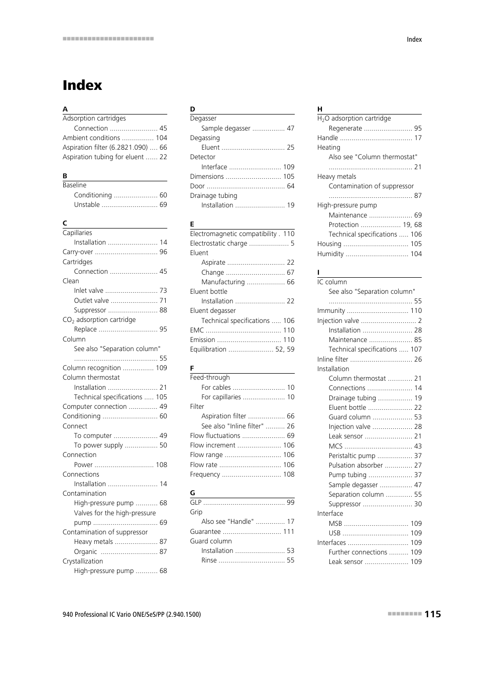 Index | Metrohm 940 Professional IC Vario ONE/SeS/PP User Manual | Page 125 / 126