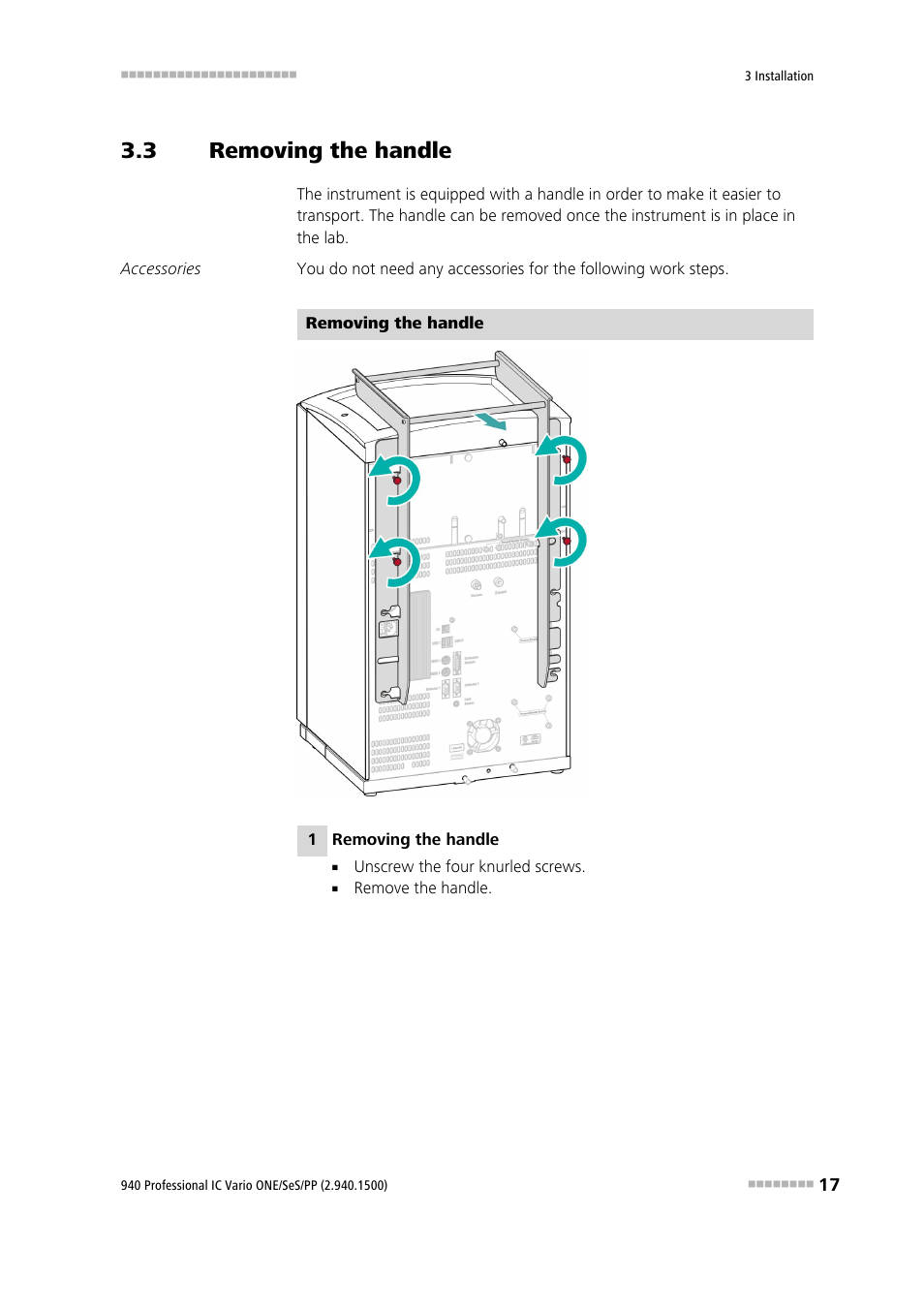 3 removing the handle, Removing the handle | Metrohm 940 Professional IC Vario ONE/SeS/PP User Manual | Page 27 / 126
