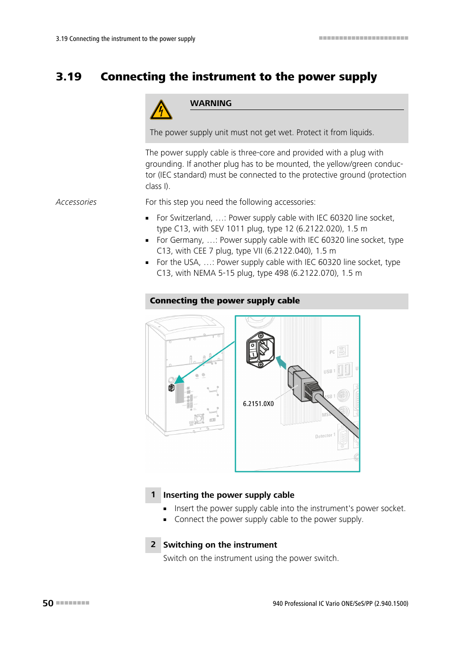 19 connecting the instrument to the power supply | Metrohm 940 Professional IC Vario ONE/SeS/PP User Manual | Page 60 / 126