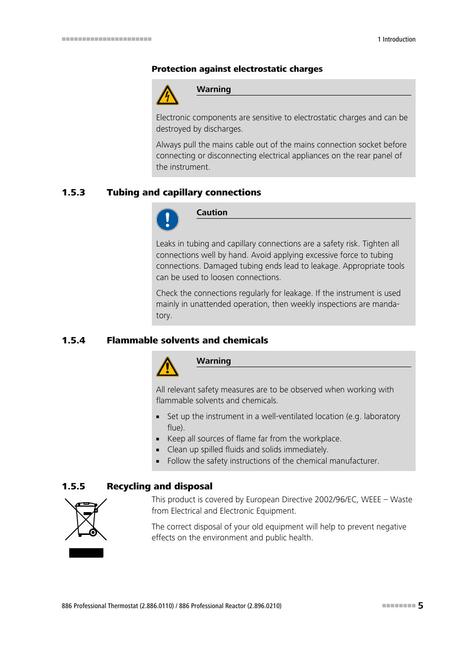 3 tubing and capillary connections, 4 flammable solvents and chemicals, 5 recycling and disposal | Tubing and capillary connections, Flammable solvents and chemicals, Recycling and disposal | Metrohm 886 Prof.Thermostat/Reactor User Manual | Page 13 / 66