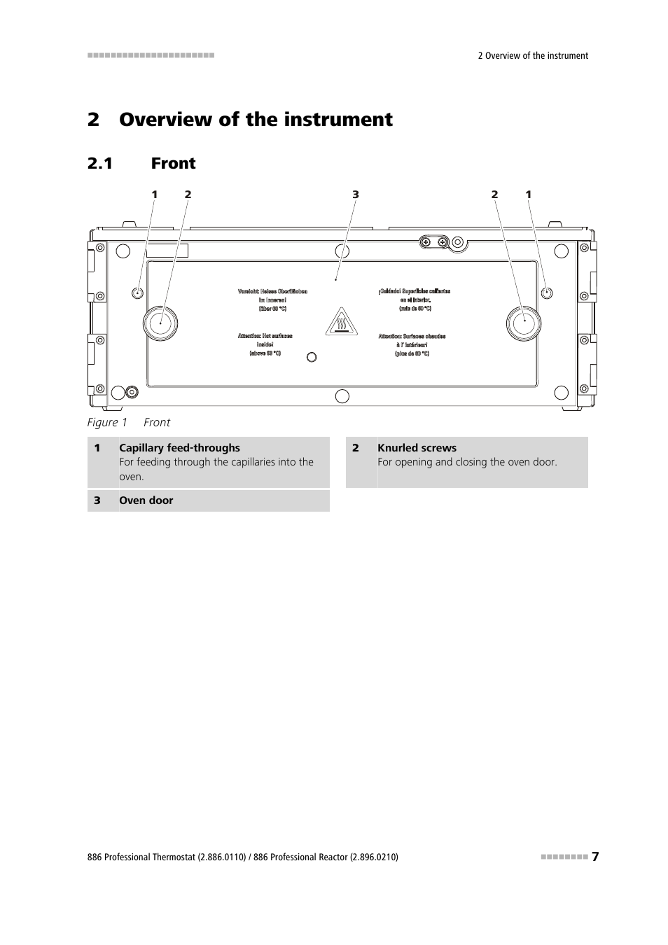 2 overview of the instrument, 1 front, Front | Figure 1 | Metrohm 886 Prof.Thermostat/Reactor User Manual | Page 15 / 66