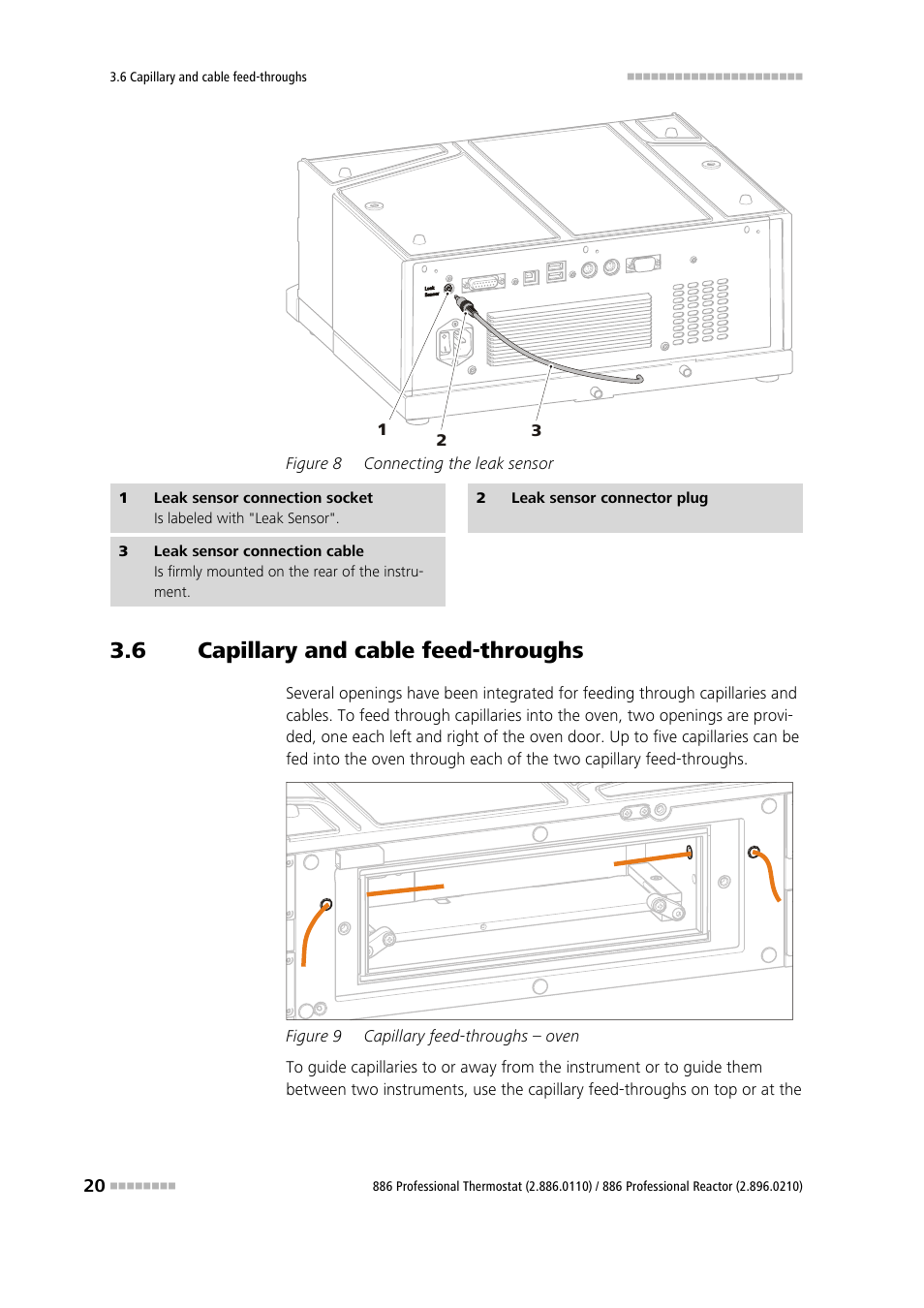 6 capillary and cable feed-throughs, Capillary and cable feed-throughs, Figure 8 | Connecting the leak sensor, Figure 9, Capillary feed-throughs – oven, 2) must be, Plug the leak sensor connector plug (8-2), 1) on the rear of the instrument | Metrohm 886 Prof.Thermostat/Reactor User Manual | Page 28 / 66