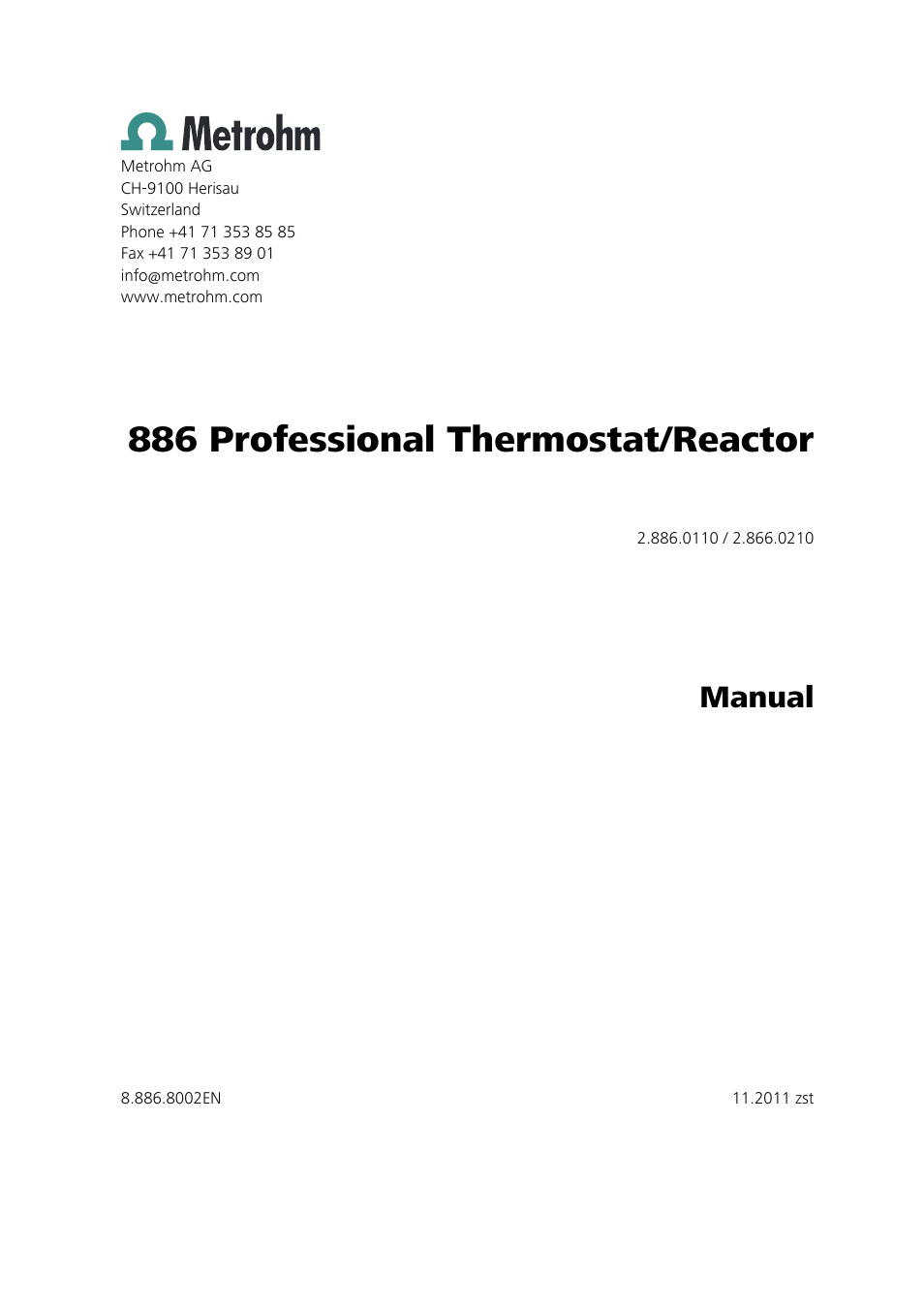 886 professional thermostat/reactor, Manual | Metrohm 886 Prof.Thermostat/Reactor User Manual | Page 3 / 66