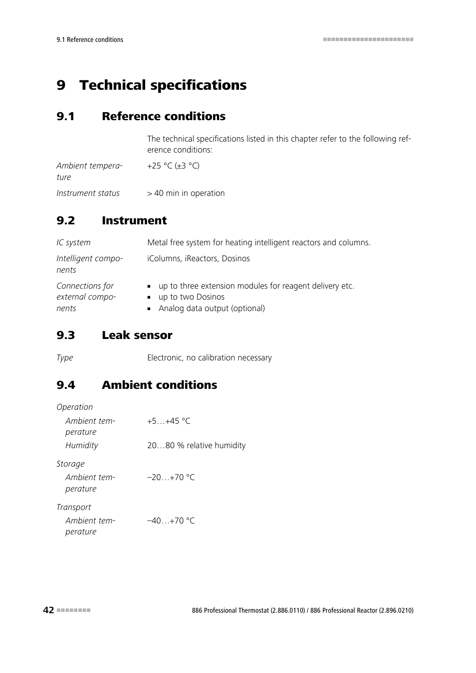 9 technical specifications, 1 reference conditions, 2 instrument | 3 leak sensor, 4 ambient conditions, Reference conditions, Instrument, Leak sensor, Ambient conditions | Metrohm 886 Prof.Thermostat/Reactor User Manual | Page 50 / 66