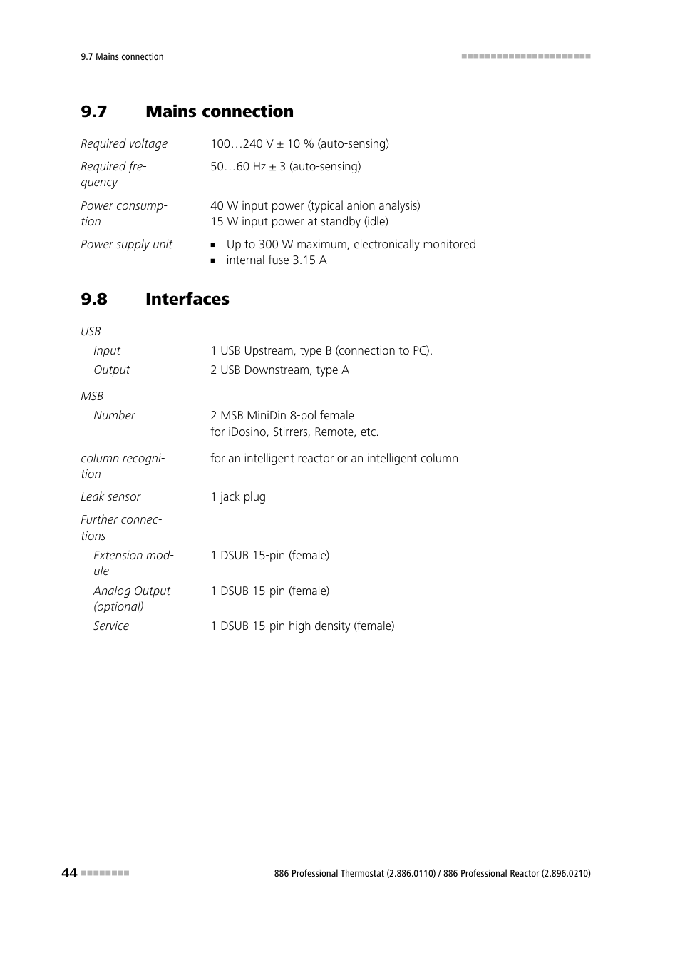 7 mains connection, 8 interfaces, Mains connection | Interfaces | Metrohm 886 Prof.Thermostat/Reactor User Manual | Page 52 / 66